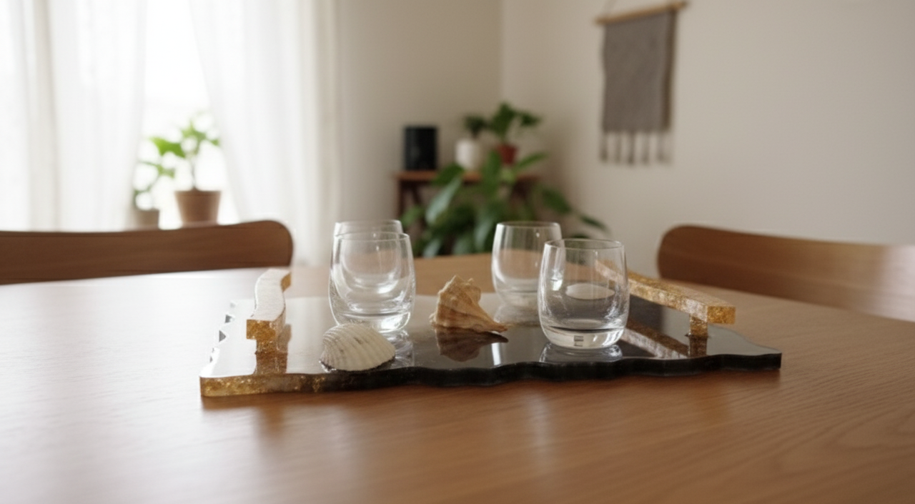 Bandeja de resina con asas hecha a mano